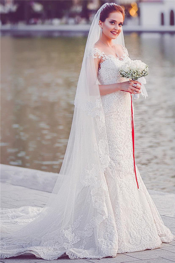 Mermaid Lace Wedding Dresses | Long Train Cap Sleeves Bride Dress | Suzhoufashion Mermaid Lace Wedding Dresses | Long Train Cap Sleeves Bride Dress | Suzhoufashion