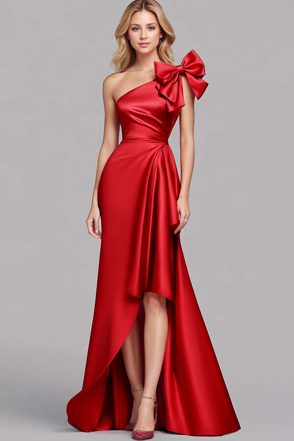 Suzhoufashion Mermaid Long Red Wedding Guest Dress One Shoulder Satin Formal Dress with Bow Suzhoufashion Mermaid Long Red Wedding Guest Dress One Shoulder Satin Formal Dress with Bow
