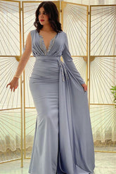 Mermaid Long Sleeve Prom Dress Beaded Pleated Evening Formal Dress Side Split With Ruffles