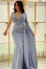 Mermaid Long Sleeve Prom Dress Beaded Pleated Evening Formal Dress Side Split With Ruffles