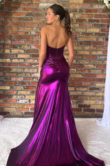 Mermaid Metallic Dark Purple Prom Dress Strapless Long Formal Dress With Slit