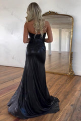Mermaid Metallic Turquoise Prom Dress Strapless Long Formal Dress With Slit