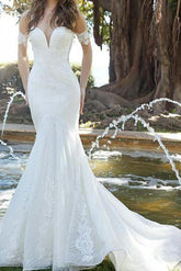 Mermaid Off Shoulder Strapless Lace Tulle Short Sleeve Bridal Gowns Romantic Wedding Dresses Sweep Train