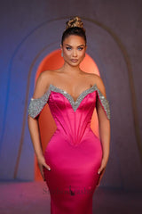Mermaid Off The Shoulder Sleeveless Rhinestone Satin Formal Dress