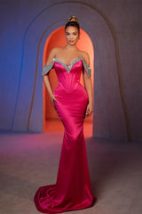 Mermaid Off The Shoulder Sleeveless Rhinestone Satin Formal Dress
