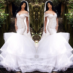 Mermaid Off The Shoulder Wedding Dresses | Tiered Tulle Sexy Beads Bride Dresses