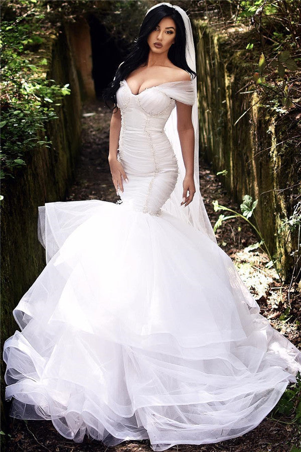 Mermaid Off The Shoulder Wedding Dresses | Tiered Tulle Sexy Beads Bride Dresses