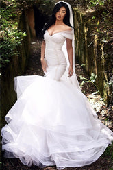 Mermaid Off The Shoulder Wedding Dresses | Tiered Tulle Sexy Beads Bride Dresses