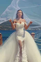 Mermaid Off the Shoulder Lace Beach Wedding Dress New Arrival Detachable Train Summer Bridal Gown MH060