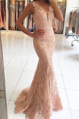 Mermaid Pink Lace Formal Dress Sexy Long Evening Dresses BA6398