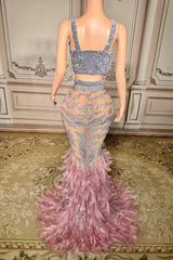 Mermaid Prom Dress Deep V Neck Formal Evening Dress with Beadings and Feathers