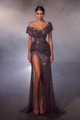Mermaid Prom Dress Off The Shoulder Sequined Beading Formal Dress With Slit
