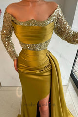 Mermaid Prom Dress Off The Shoulder Sequined Panel Train Satin Formal Dress