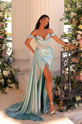 Mermaid Prom Dress Off The Shoulder V Neck Lace Rhinestones Formal Dress With Slit