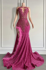Mermaid Prom Dress Orange Split Sequin Formal Dress with Beadings and Feathers
