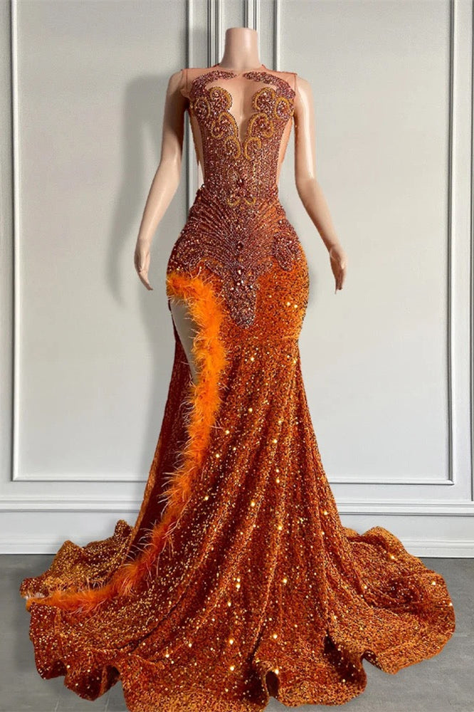 Mermaid Prom Dress Orange Split Sequin Formal Dress with Beadings and Feathers