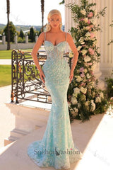 Mermaid Prom Dress Spaghetti Straps Lace Beading Sleeveless Formal Dress