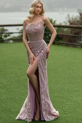 Mermaid Prom Dress Strapless Lace Glitter Sleeveless Formal Dress With Slit