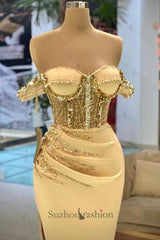Mermaid Prom Dress Sweetheart Off The Shoulder Beaded Floor Length Formal Dress With High Slit