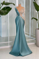 Mermaid Prom Dress V Neck Lace Rhinestones Satin Sleeve Formal Dress