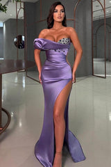 Mermaid Purple Prom Dress One Shoulder Sleeveless Rhinestones Formal Dress With Slit