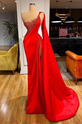 Mermaid Red Prom Dress One Shoulder Sleeveless Ruffled Evening Formal Dress Split With Beadings