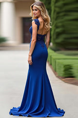 Mermaid Royal Blue Wedding Guest Dress V-Neck Long Formal Dress With Appliques