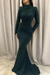 Mermaid Satin High Neck Sleeve Formal Dress