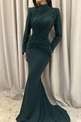 Mermaid Satin High Neck Sleeve Formal Dress