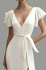 Mermaid Satin White Deep V Neck Long Formal Dress With Slit