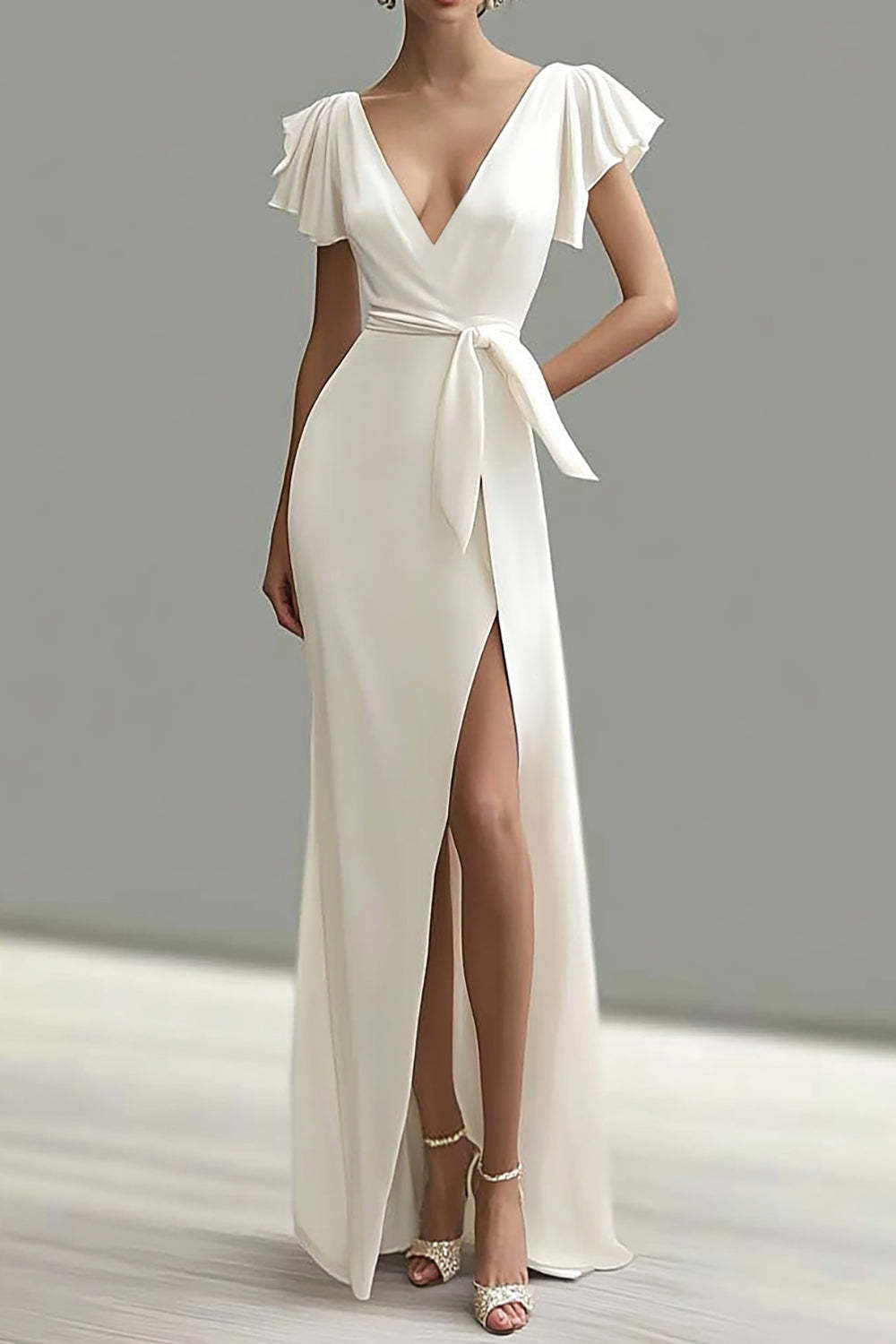 Mermaid Satin White Deep V Neck Long Formal Dress With Slit