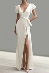 Mermaid Satin White Deep V Neck Long Formal Dress With Slit