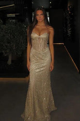 Mermaid Spaghetti Straps Silver Corset Prom Dress With Beading Formal Evening Gown