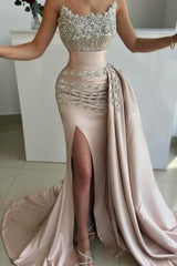 Mermaid Strapless Satin Jewels Formal Dress With Side Slit