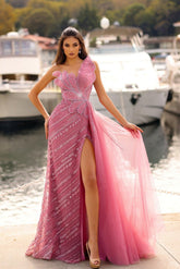 Mermaid Strapless Sleeveless Sequined Panel Train Tulle Formal Dress With Silt