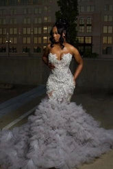 Mermaid Sweetheart Prom Dress Ruffled Sleeveless Formal Evening Gown with Rhinestones and Beadings