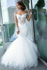 Mermaid Tulle Elegant Appliques Off-the-Shoulder Long-Sleeves Wedding Dress BA4387