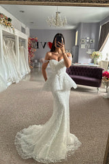 Mermaid Tulle Lace Sweetheart Sleeveless White Beach Wedding Dress Bridal Gown With Appliques