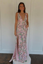 Mermaid V Neck Pink Long Prom Dress With Emboridery Bowknot Formal Evening Gown