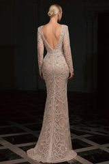 Mermaid V Neck Sleeves Beaded Sequined Slit Tulle Formal Dress With Rhinestones