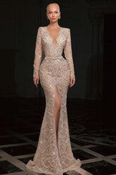 Mermaid V Neck Sleeves Beaded Sequined Slit Tulle Formal Dress With Rhinestones