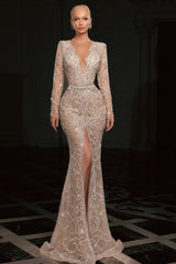 Mermaid V Neck Sleeves Beaded Sequined Slit Tulle Formal Dress With Rhinestones