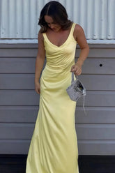Mermaid V Neck Yellow Long Prom Dress With Criss Cross Back Formal Evening Gown