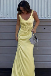 Mermaid V Neck Yellow Long Prom Dress With Criss Cross Back Formal Evening Gown