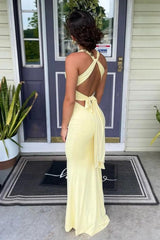 Mermaid V Neck Yellow Long Prom Dress With Open Back Formal Evening Gown