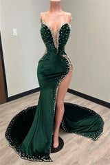 Mermaid Velvet Prom Dress V Neck Spaghetti Strap Beaded High Split Formal Dress