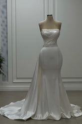 Mermaid Wedding Dress Satin Strapless Sleeveless Ivory Bridal Gown With Beading