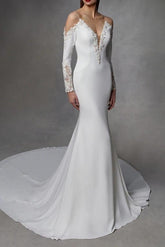 Mermaid Wedding Dress V-Neck Stretch Satin Lace Long Sleeve Bridal Gowns Court Train