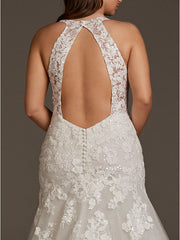 Mermaid Wedding Dress V-neck Lace Tulle Regular Straps Bridal Gowns Plus Size with Sweep Train