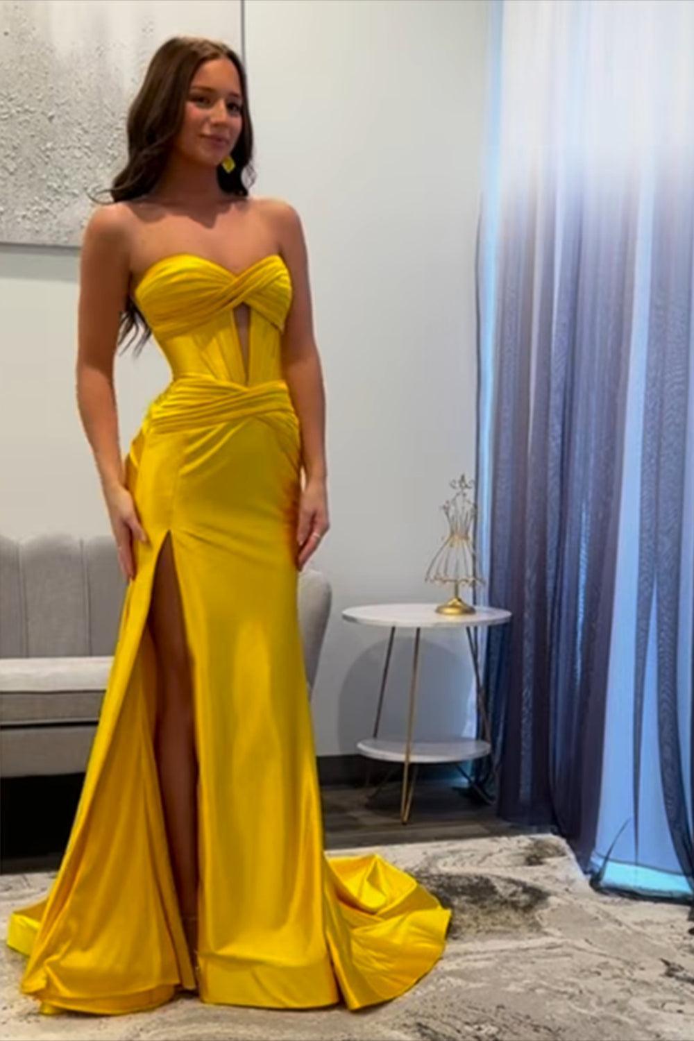 Suzhoufashion Mermaid Yellow Prom Dress Sweetheart Long Formal Dress With Slit Suzhoufashion Mermaid Yellow Prom Dress Sweetheart Long Formal Dress With Slit